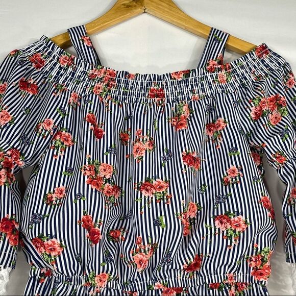 My Michelle Blue and White Striped Floral Romper - Picture 10 of 13